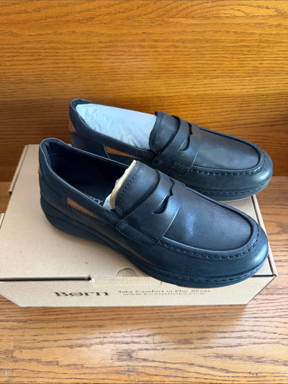 Born Black Leather Penny Loafers with Tan Accent